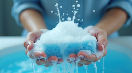 Fototapeta premium Close-up of Hands Using Blue Sponge with Water and Soap for Cleaning on Bright Aqua Background - Ideal for Home Cleaning, Sanitation, and Hygiene Concepts