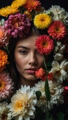 Naklejka premium Person?s face partially hidden by colorful flowers, soft pastel tones