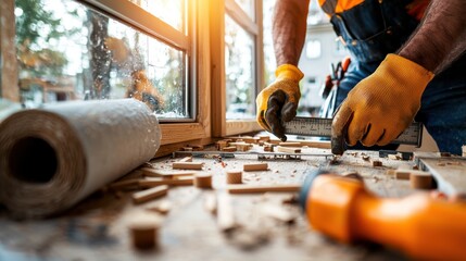 Skilled contractor leveling and adjusting new window with precision using level tool among construction materials