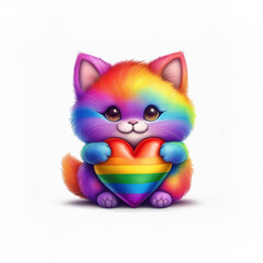 Fototapeta premium Adorable Rainbow Kitten Holding LGBTQ+ Heart: Cute Pride Illustration