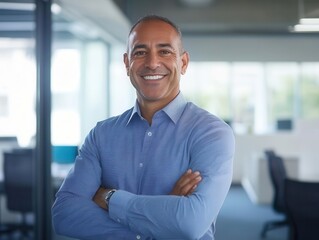 confident male executive standing in an office, arms crossed and smiling, projecting leadership and professionalism while exuding a sense of approachability