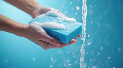 Close-up of Hands Using Blue Sponge with Water and Soap for Cleaning on Bright Aqua Background - Ideal for Home Cleaning, Sanitation, and Hygiene Concepts