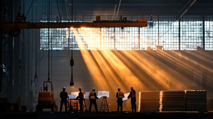 Team of Male Construction Workers Reviewing Plans Among Stacks of Windows in Dimly Lit Warehouse