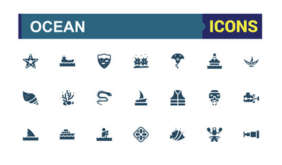 Set of solid beach Icons. Simple style filled icons pack. Ocean, sea, wave and more, Editable and pixel perfect, Vector illustration.