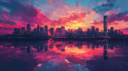 Fototapeta premium Colorful sunset over a city skyline reflects in calm waters, creating a serene and vibrant atmosphere at dusk