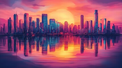 Fototapeta premium Colorful sunset over a city skyline reflects in calm waters, creating a serene and vibrant atmosphere at dusk