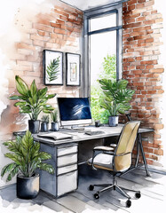 Watercolor of a cozy workspace with plants and computer
