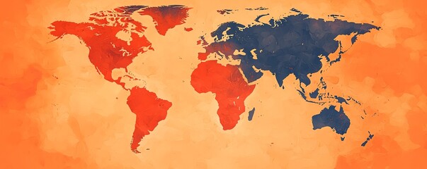 Artistic world map illustration on a vibrant orange background.