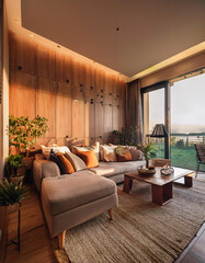Sunset bathes a modern living room in warm light, highlighting cozy furnishings