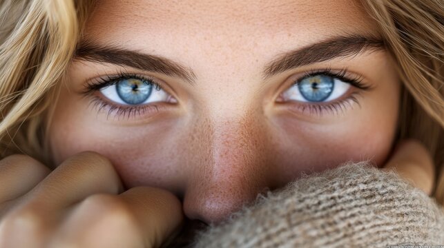 Close-up portrait of a young woman with intense blue eyes for fashion and beauty design
