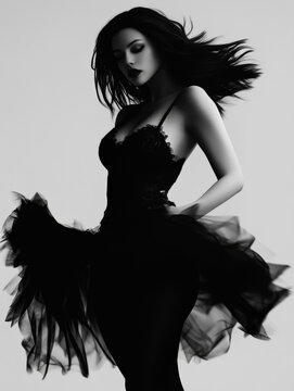 The model showcases a dramatic black dress, highlighted by strategic movement and flowing layers
