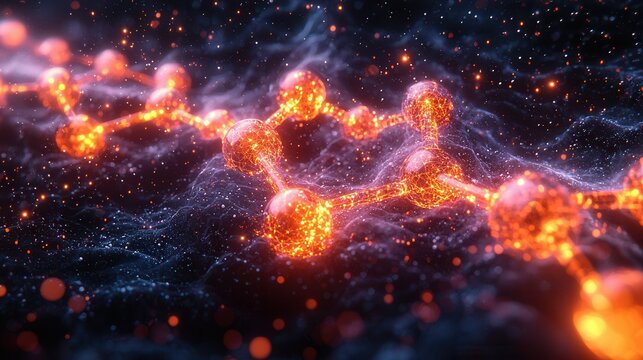 A visually striking and colorful abstract representation of a molecular structure, highlighting interconnected atoms against a dark background.