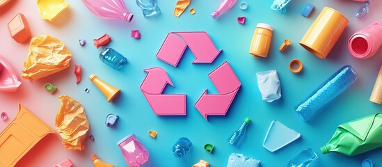 3D Illustration of Various Plastic Materials Surrounding a Recycling Logo, Symbolizing the Circular Process of Recycling and Eco-Friendly Practices.