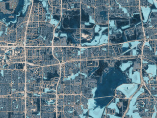 Painterly Style City Map of Grand Prairie Texas, USA in a Blue Color Scheme.