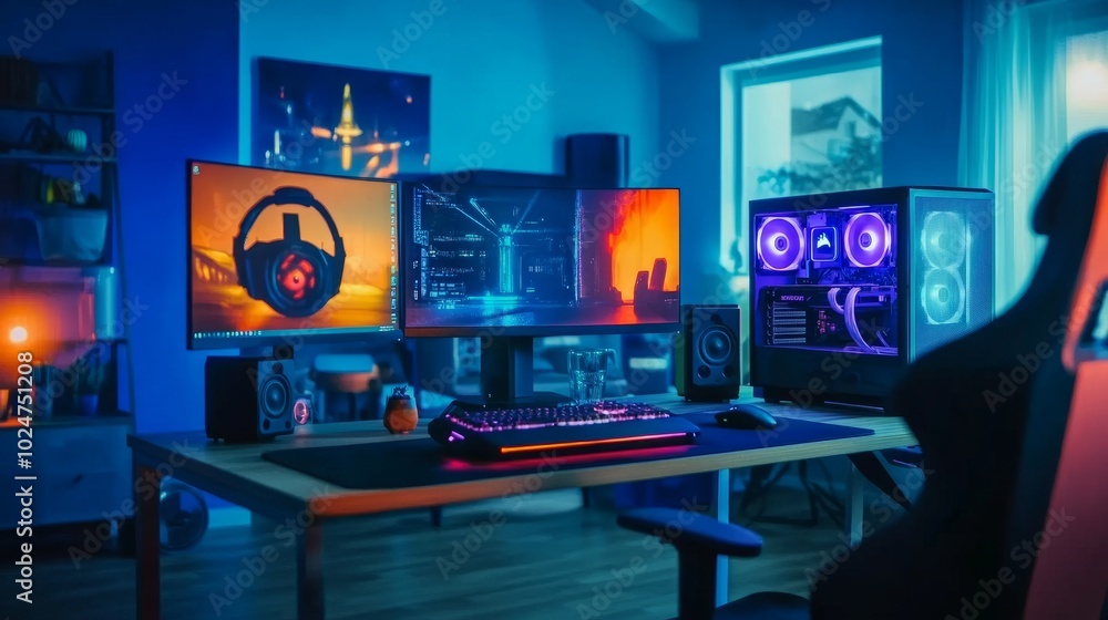 Poster futuristic gaming room with a sleek computer on a desk, glowing neon lights and generative ai-inspir
