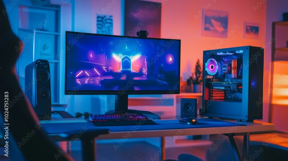 Poster gaming computer setup with futuristic aesthetics, neon lights reflecting off the desk and ai-generat