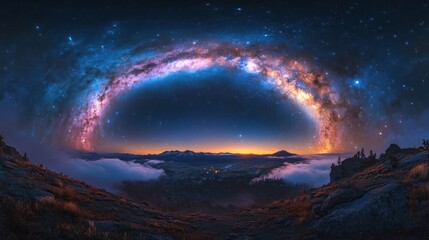 A panoramic view of the Milky Way galaxy arching over a mountain range, with a layer of clouds below and a city in the distance.