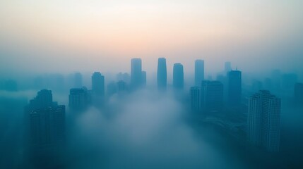 Fototapeta premium City skyline shrouded in fog during sunrise with soft pastel colors in the background.