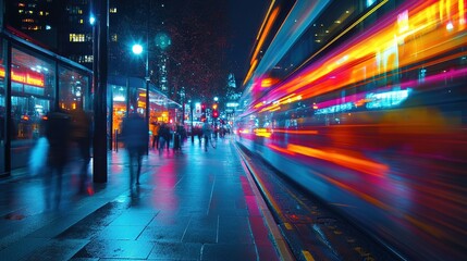 Obraz premium Vibrant city street illuminated with neon lights and colorful bokeh effects during nighttime in an urban setting