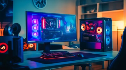 Naklejka premium Modern gaming computer glowing on a minimalist desk, surrounded by vibrant neon lights and futuristic AI-generated graphics.