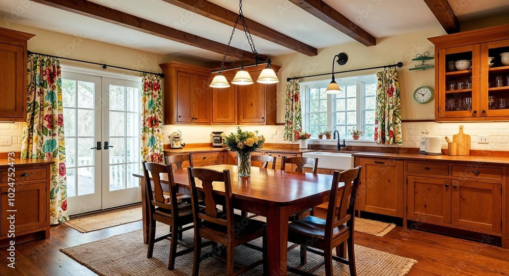 Wall mural Cozy cottage kitchen with warm wood tones colorful curtains and a large dining table