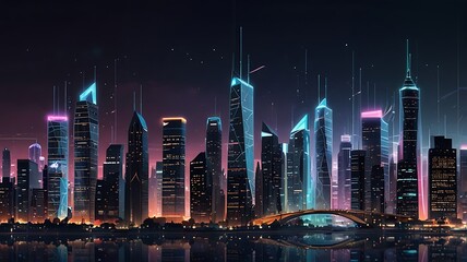 Bird's-eye view of a high-tech city, where glowing networks of digital codes and futuristic icons overlay the streets and structures, merging city life with digital innovation.