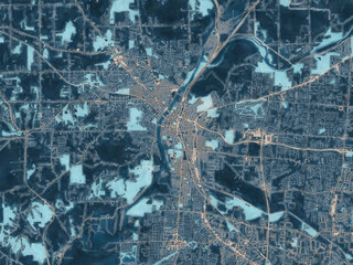 Painterly Style City Map of Hamilton  Ohio, USA in a Blue Color Scheme.