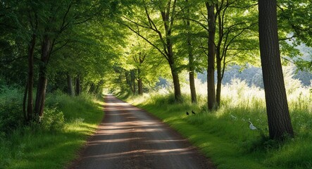 Obraz premium Dappled sunlight filtering through the trees on a quiet forest path with chirping birds