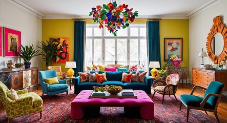 Eclectic living room with a mix of styles colorful decor and unique furniture pieces