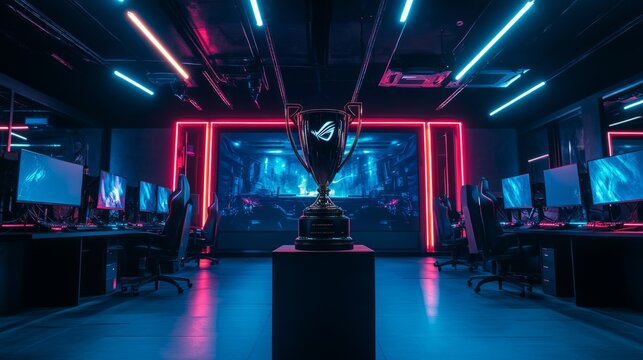 The esports winner trophy stands illuminated by neon lights, with two rows of gaming PCs on either side of the stage.