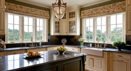 Elegant kitchen with a classic design large windows and tasteful decor elements