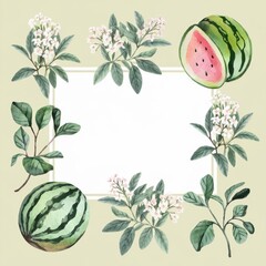 Fototapeta premium Watercolor Floral & Watermelon Border Frame for Summer Designs