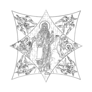recommend clip art: Jeremiah weeping prophet. Cross dome with 4 apostles, angels and seraphim. Coloring page in Byzantine style