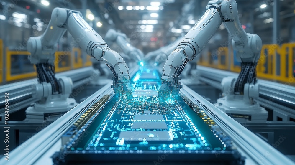 Poster advanced robotic arms assembling high-tech chip components in a precision engineering environment fo