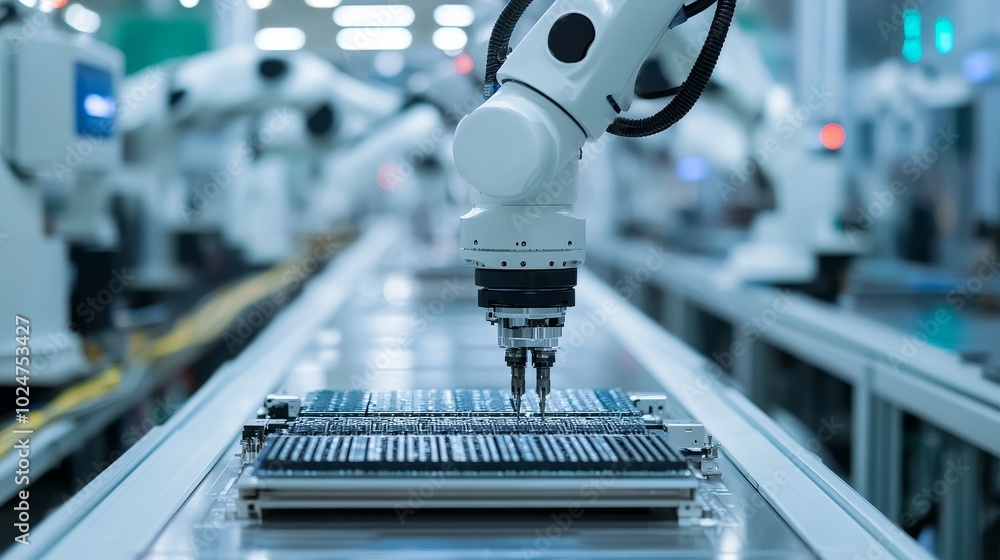 Poster advanced robotic arms assembling high-tech chip components in a precision engineering environment fo