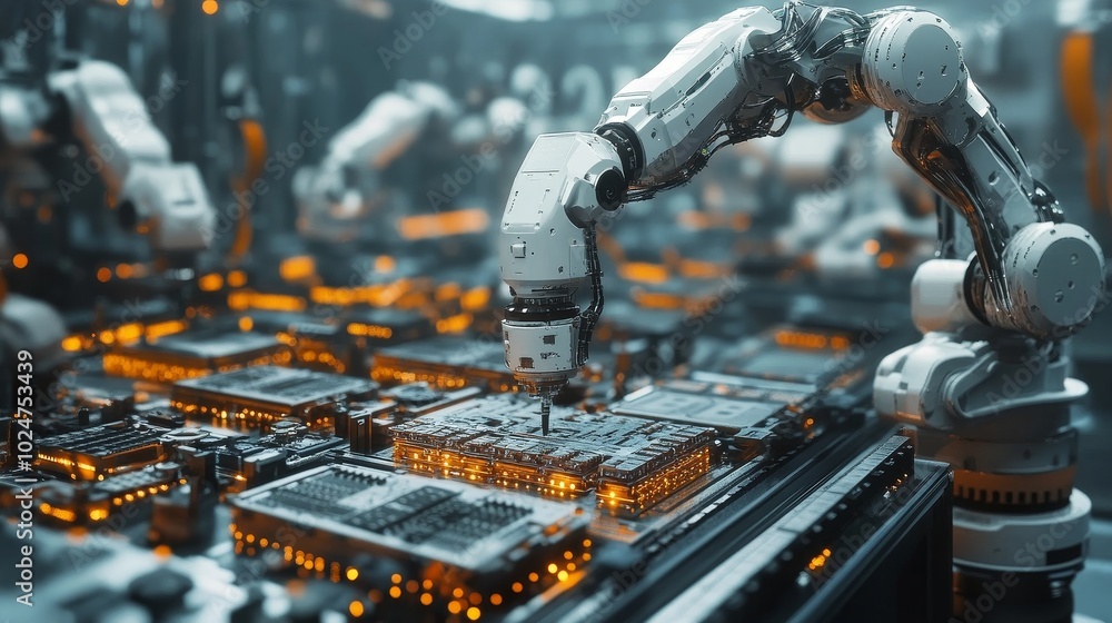 Poster advanced robotic arms assembling high-tech chip components in a precision engineering environment fo