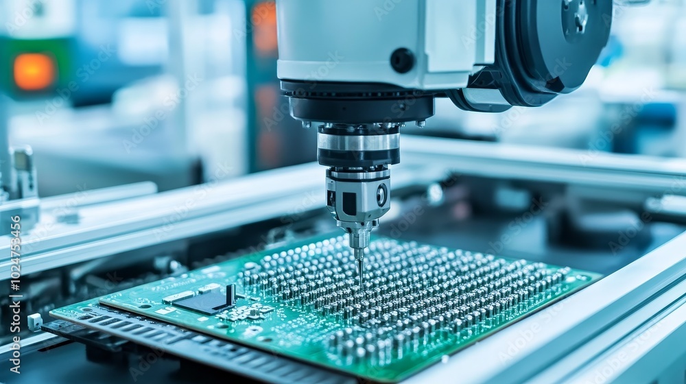 Poster advanced robotic arms assembling high-tech chip components in a precision engineering environment fo