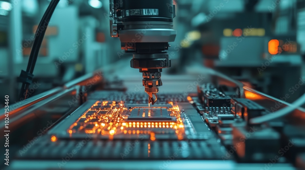 Poster advanced robotic arms assembling high-tech chip components in a precision engineering environment fo