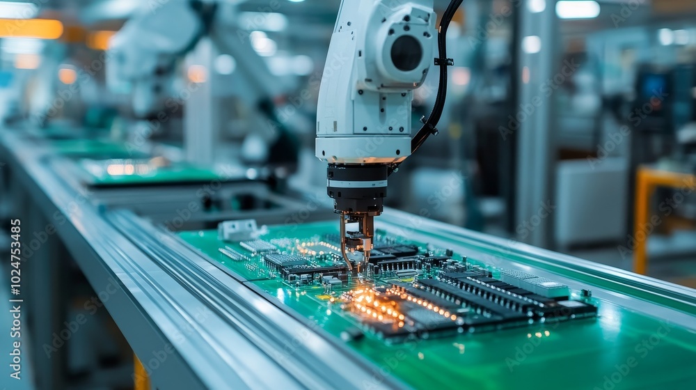 Poster advanced robotic arms assembling high-tech chip components in a precision engineering environment fo