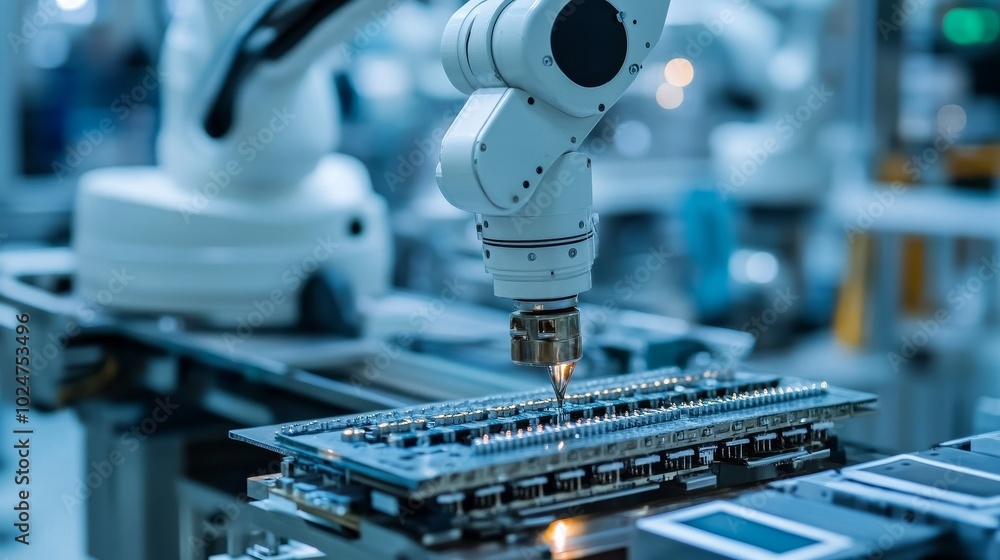Poster advanced robotic arms assembling high-tech chip components in a precision engineering environment fo