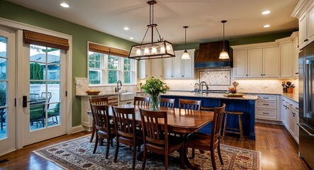Family oriented kitchen with a large dining table a cozy atmosphere and lots of natural light