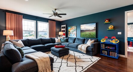 Family oriented living room with a large sectional cozy throws and a gaming area for kids