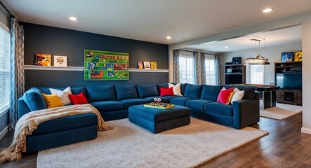 Family oriented living room with a large sectional cozy throws and a gaming area for kids