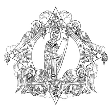 recommend clip art: John Chrysostom. Religious dome with apostles and angels in sky. Coloring page in Byzantine style
