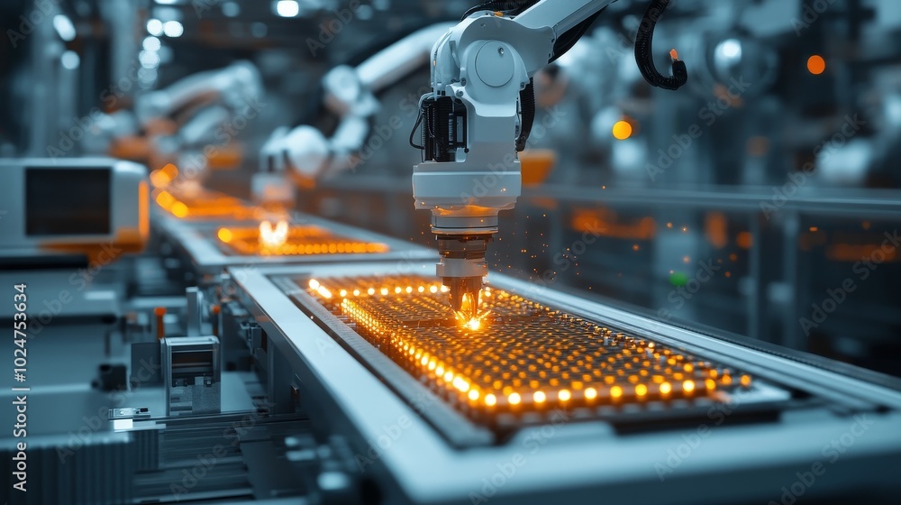 Poster advanced robotic arms assembling high-tech chip components in a precision engineering environment fo