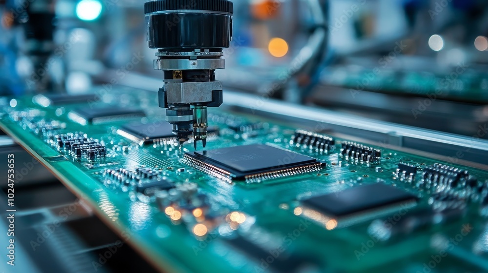 Poster advanced robotic arms assembling high-tech chip components in a precision engineering environment fo