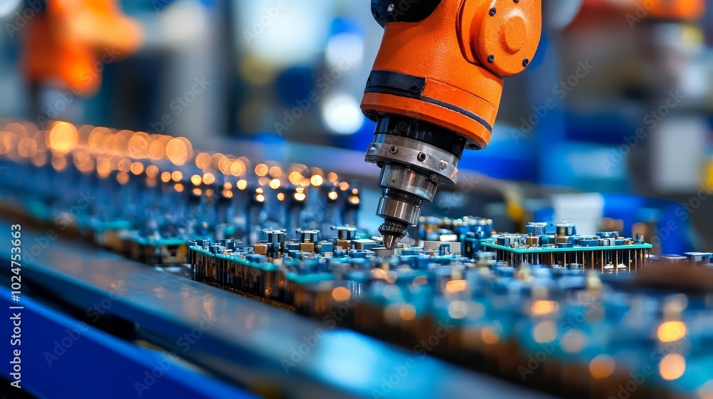 Poster advanced robotic arms assembling high-tech chip components in a precision engineering environment fo