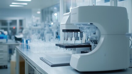 Close-up of a Sterile Biotech Lab with Sleek Automated Machines Producing Synthetic Biological Materials, Showcasing a High-Tech and Precise Environment.