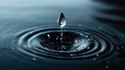 Close-up of a single water droplet splashing into a calm water surface, creating ripples and a reflective effect in low light setting.
