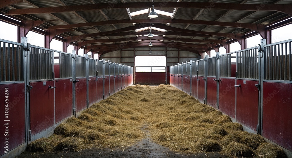 Wall mural Horse stable with empty stalls and hay scattered on the floor